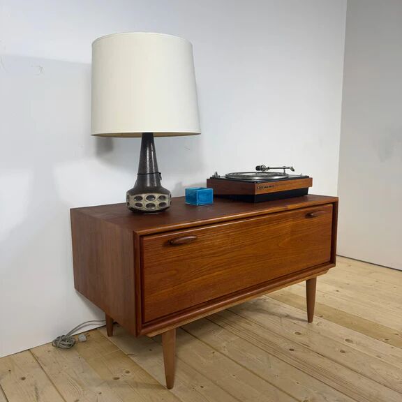 Low vintage sideboard with drop-down door – Scandinavian design 1960s, teak and elegant details