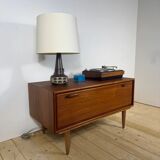 Low vintage sideboard with drop-down door – Scandinavian design 1960s, teak and elegant details