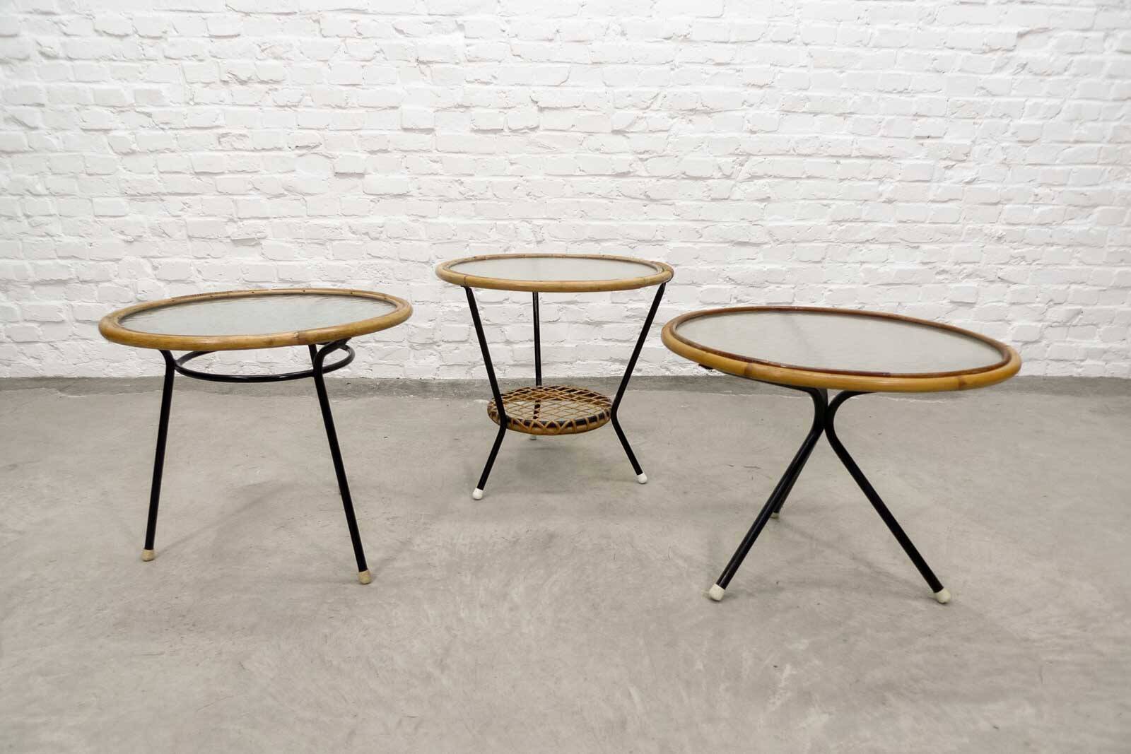Mid-Century Set of Three Round Rattan and Glass Side Tables, 1960s