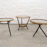 Mid-Century Set of Three Round Rattan and Glass Side Tables, 1960s
