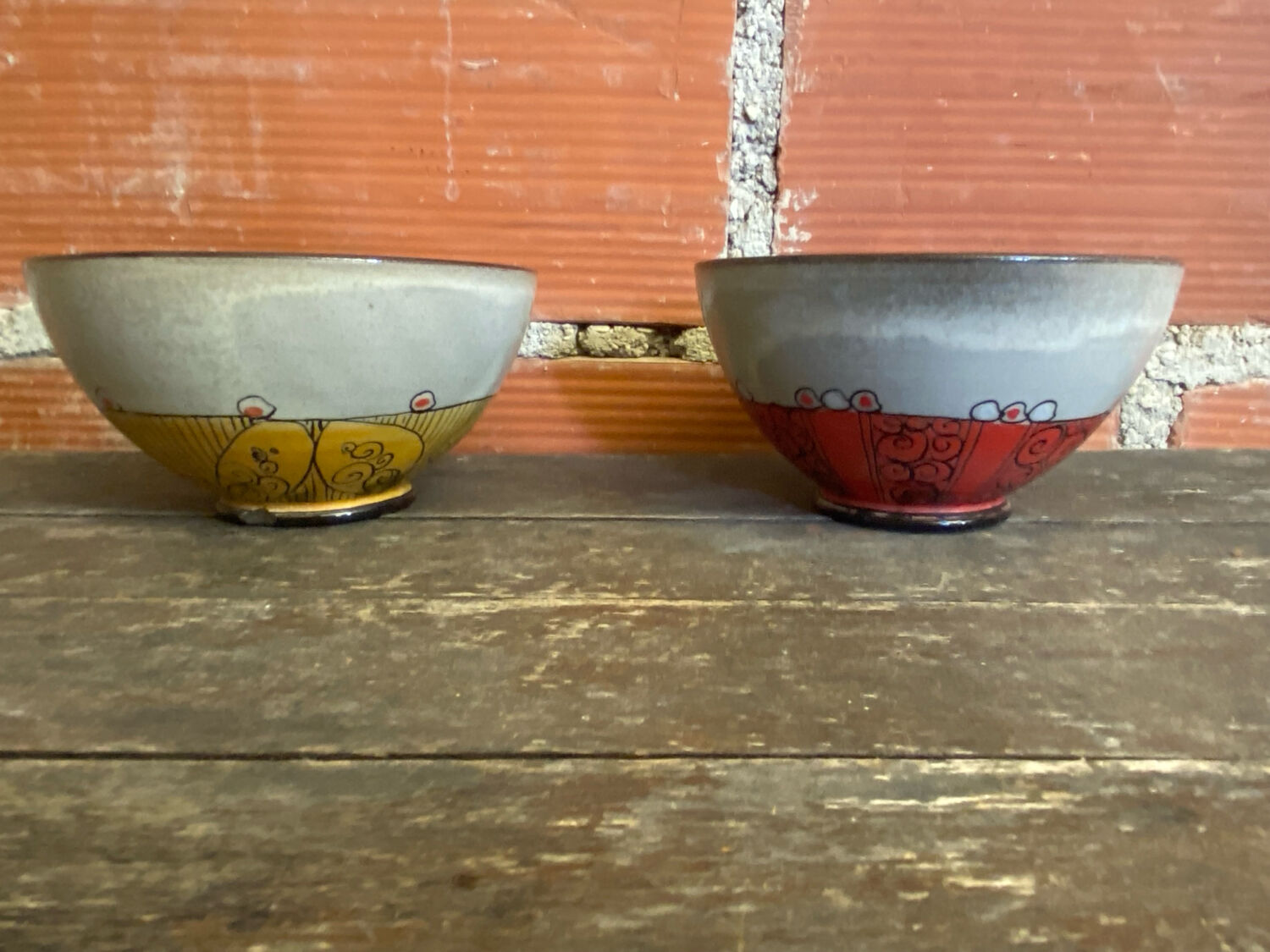 Pair of Antique Bowls Pottery Arlequin Rustrel Chiseled Ceramic + Enamel