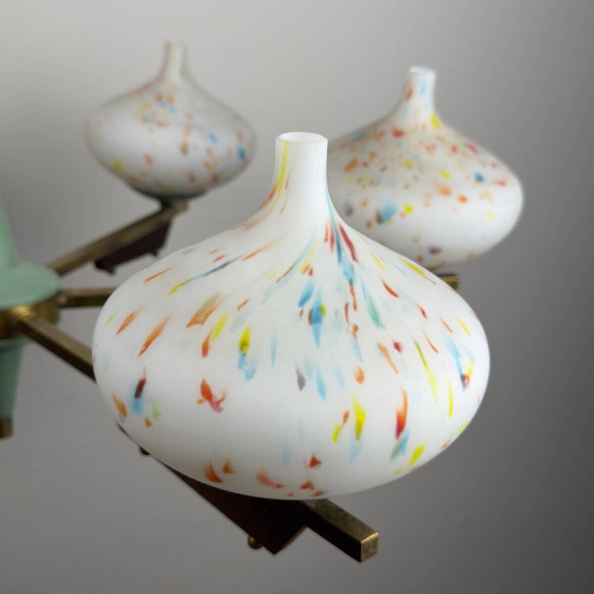 Mid-century chandelier with teak and Murano glass by Stilnovo, Italy, 1950s.