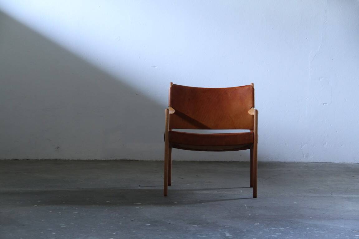 Pair of vintage Per-Olof Scotte "Premier 69" oak armchairs in cognac leather