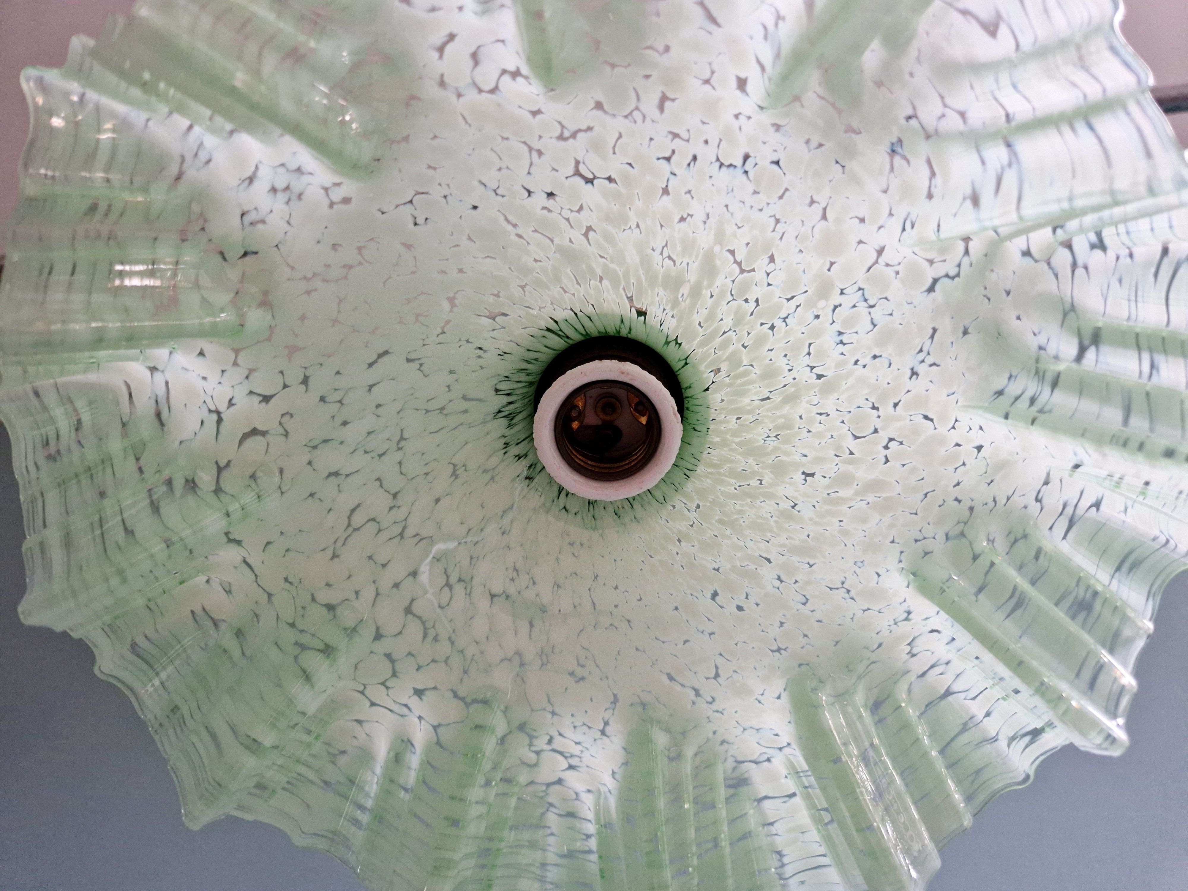 Art Deco pendant light in speckled green and white pleated glass, 1920s-30s.