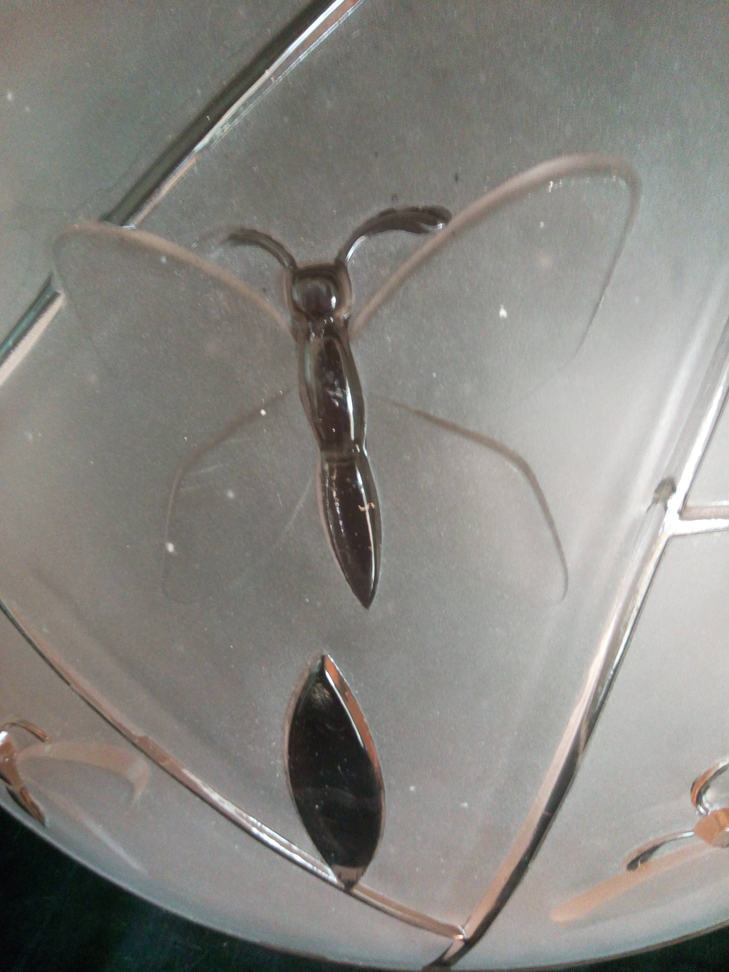 Art Deco pendant lamp in molded and pressed glass signed Degué, dragonfly motifs