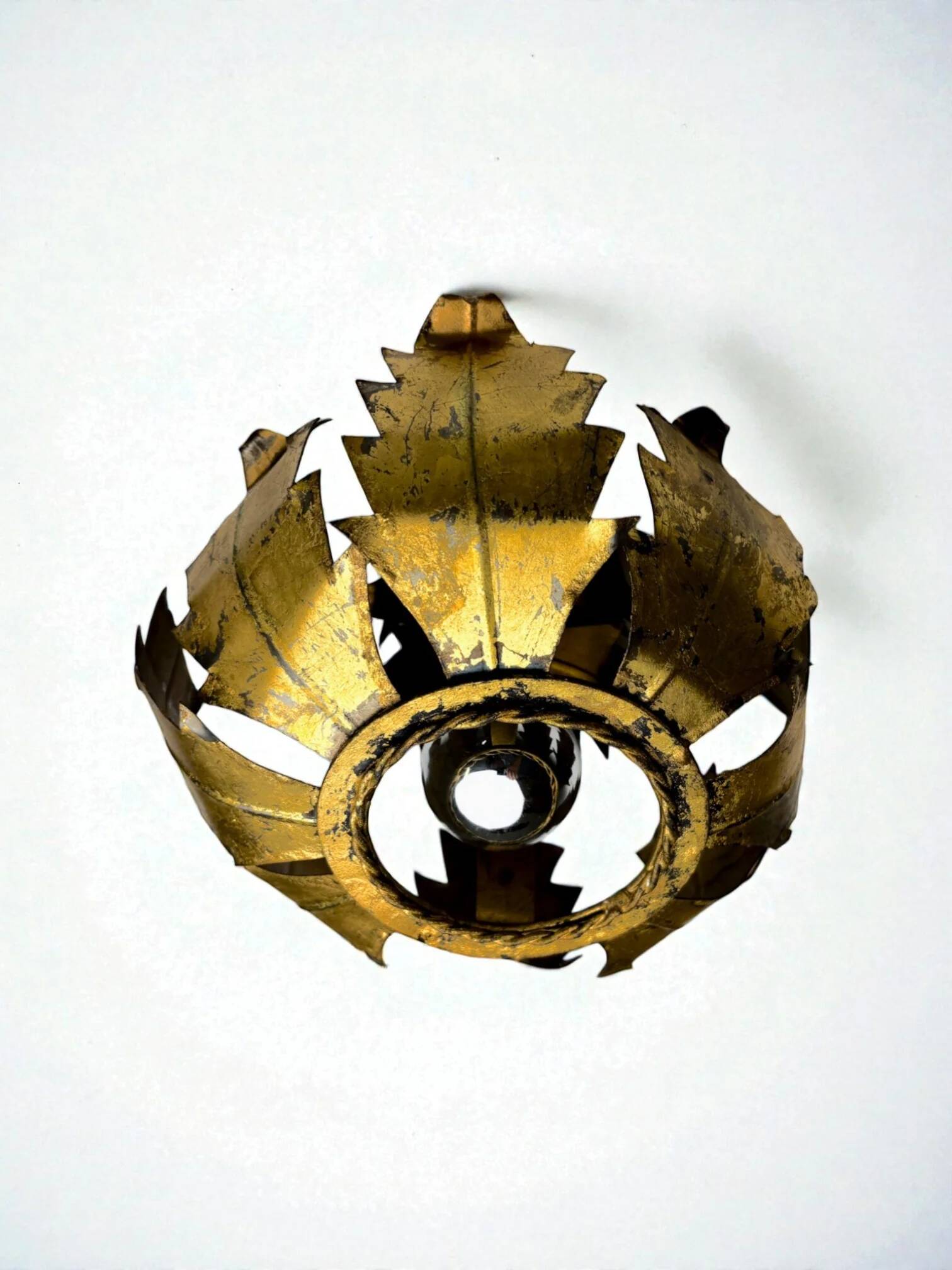 Spanish sunburst ceiling light fixture or sconce in gilt iron, 1970s
