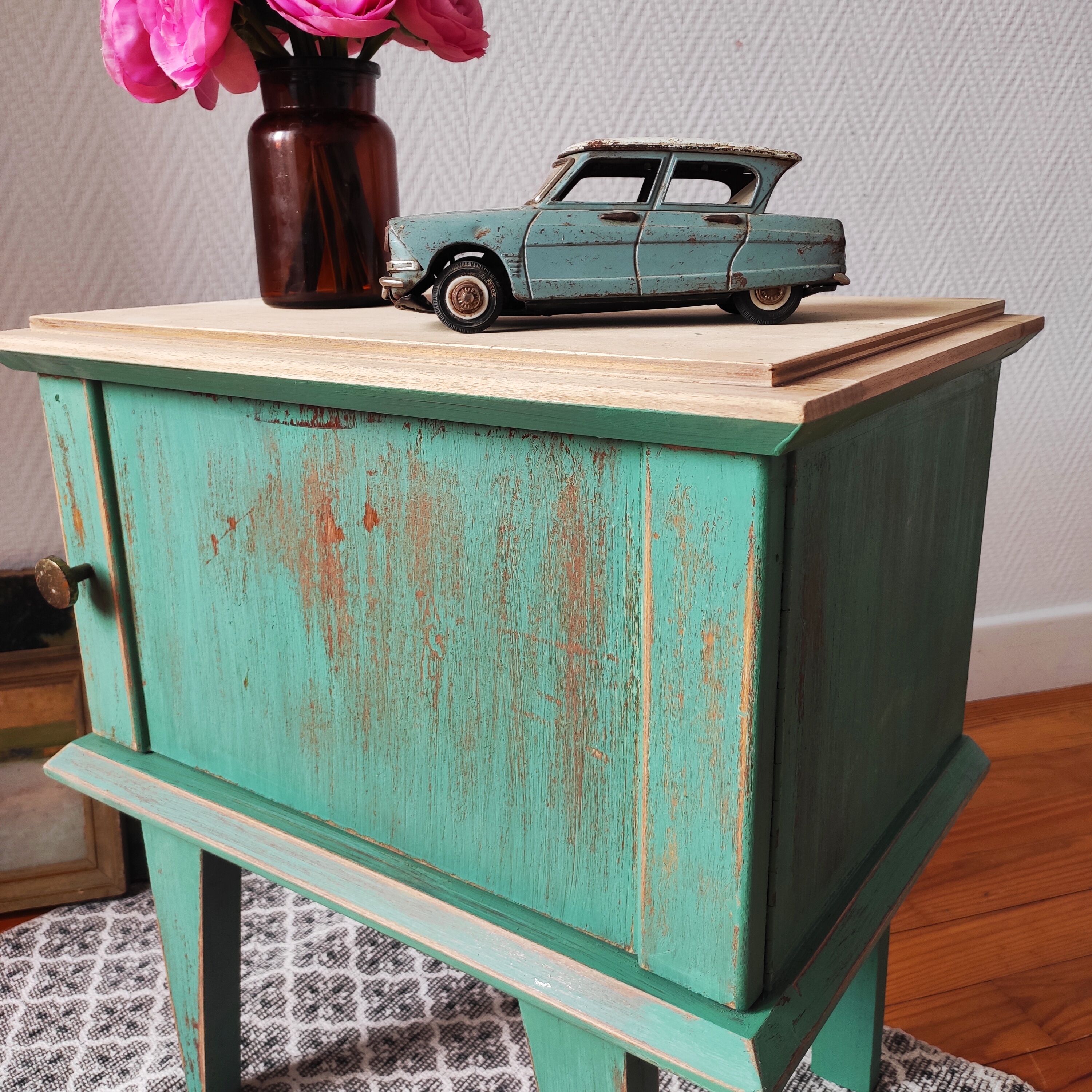 Patinated vintage bedside table