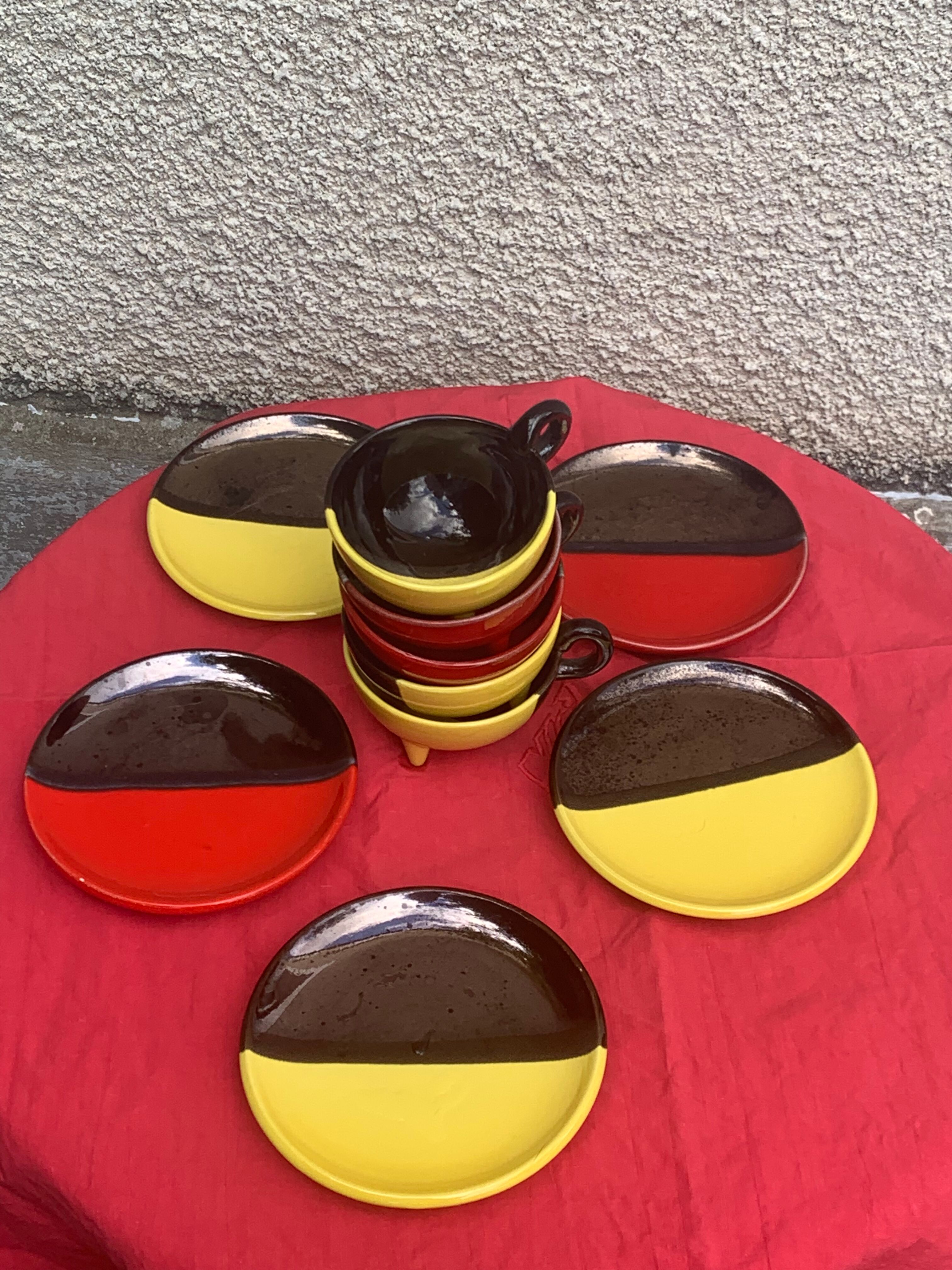 5 cups and 5 saucers signed Luc vallauris vintage