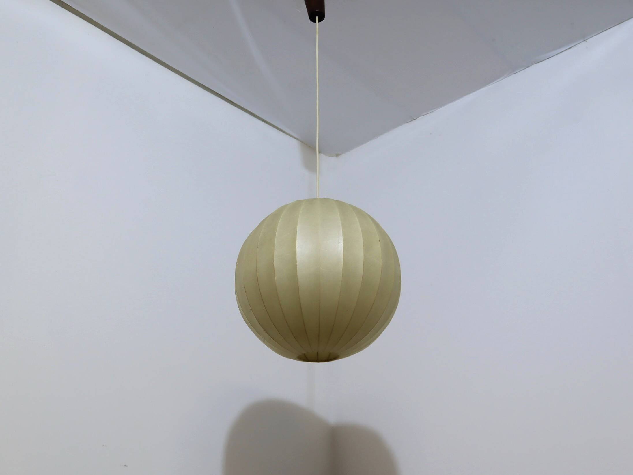 1970s Italian Cocoon Globe Pendant Lamp with teak details