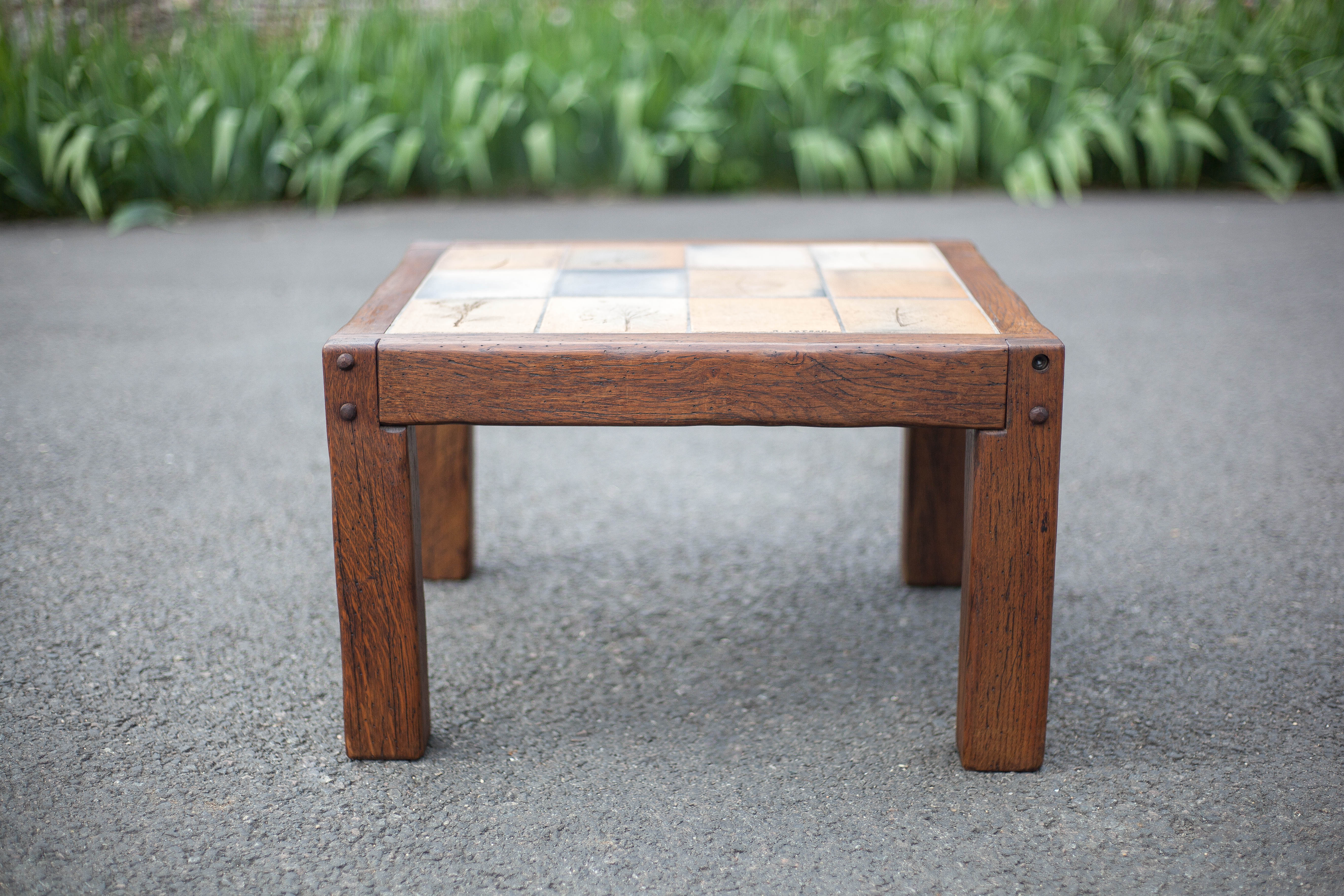 small ceramic coffee table herbarium feet wood, table signed R.capron