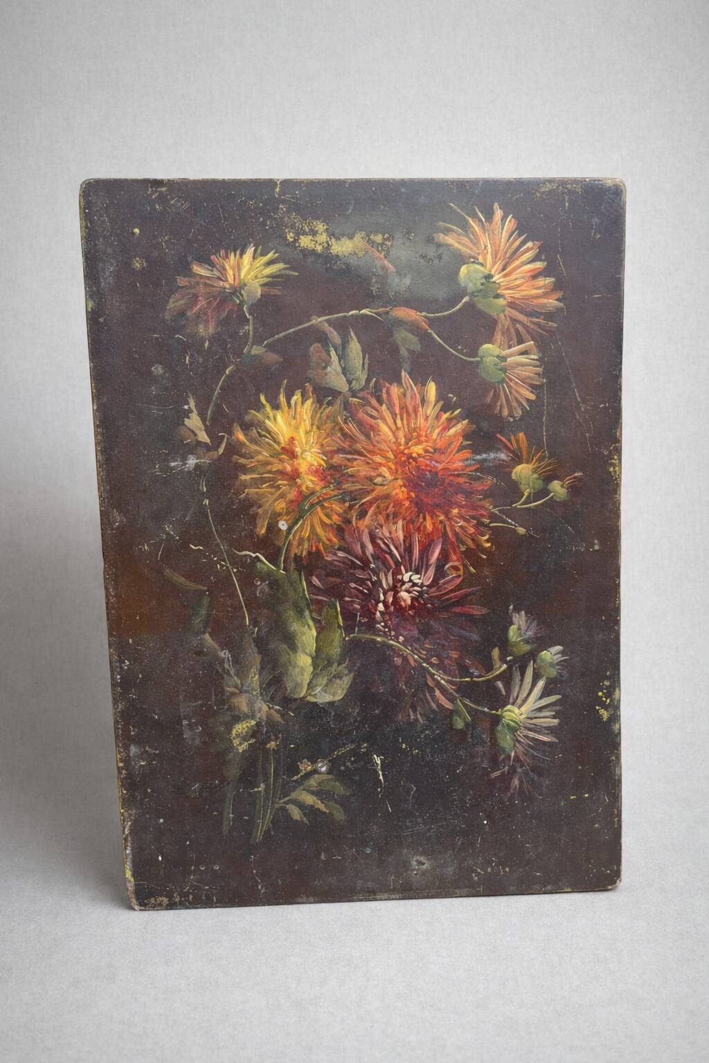Old floral painting – bouquet of chrysanthemums – panel painting
