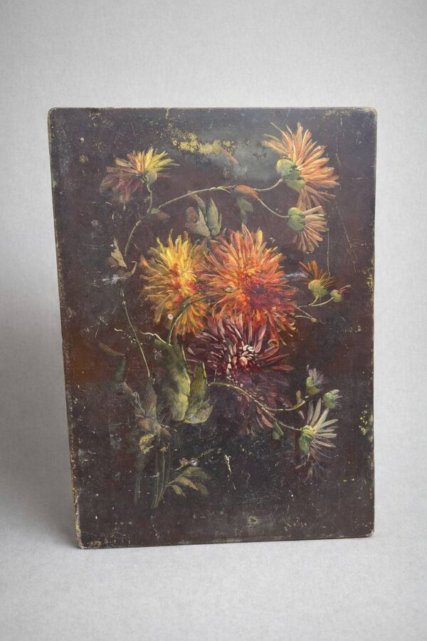 Ancien tableau floral – bouquet de chrysanthèmes – peinture sur panneau