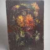 Old floral painting – bouquet of chrysanthemums – panel painting