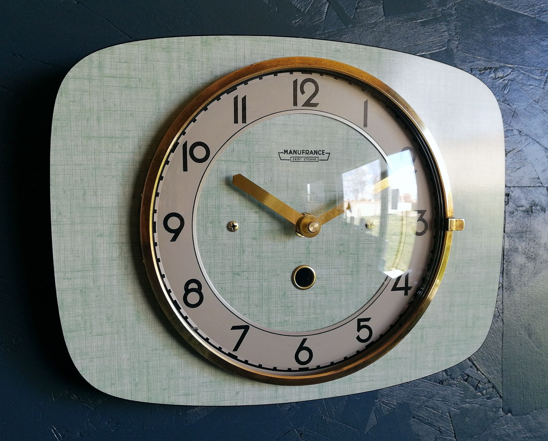 Vintage formica clock silent rectangular wall clock "Manufrance green"