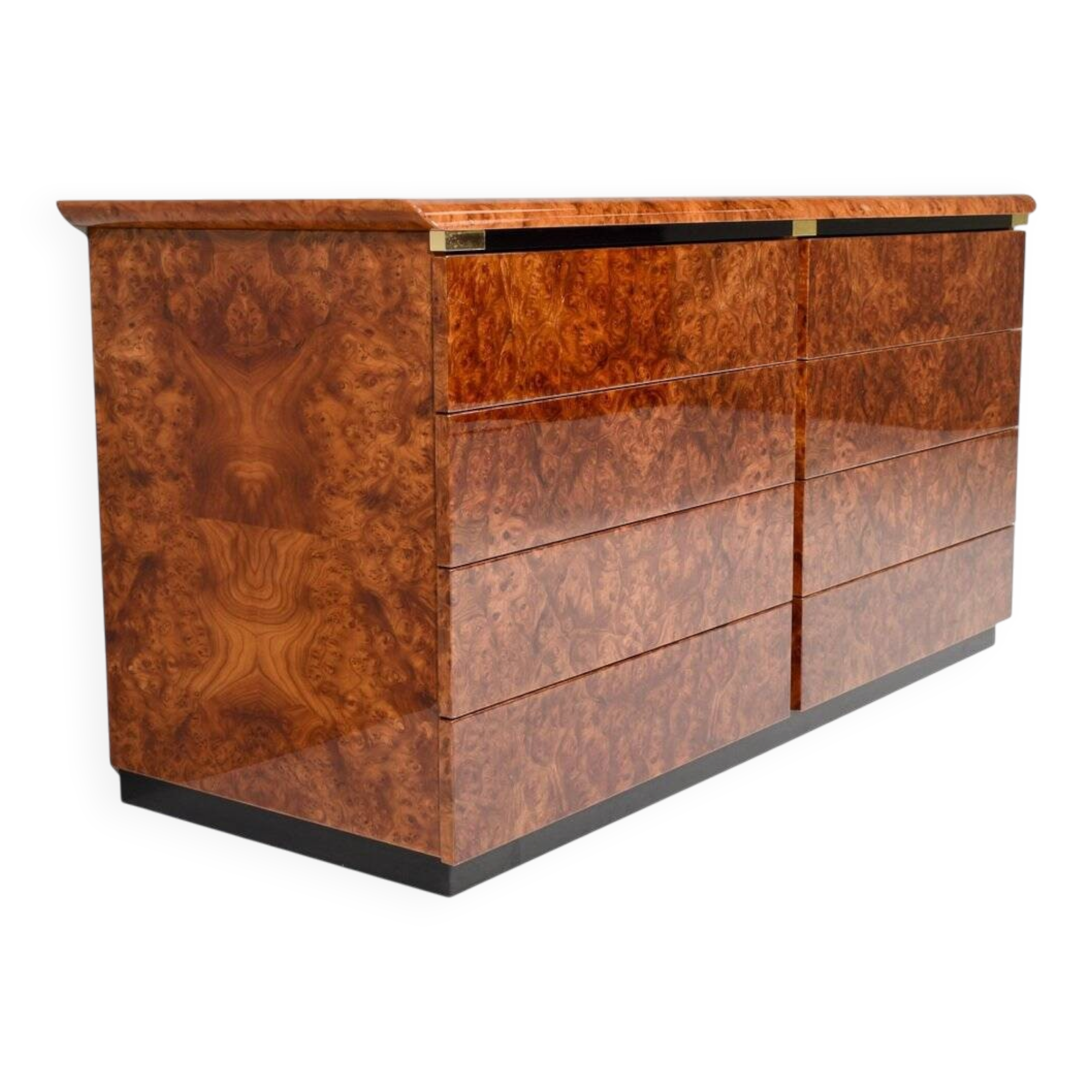 Italian drawer credenza in high gloss burl and brass, Italy, 1970s