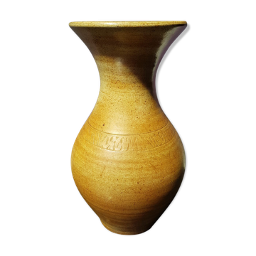 Vase ancien grès marron beige décor ciselé col corolle déco vintage