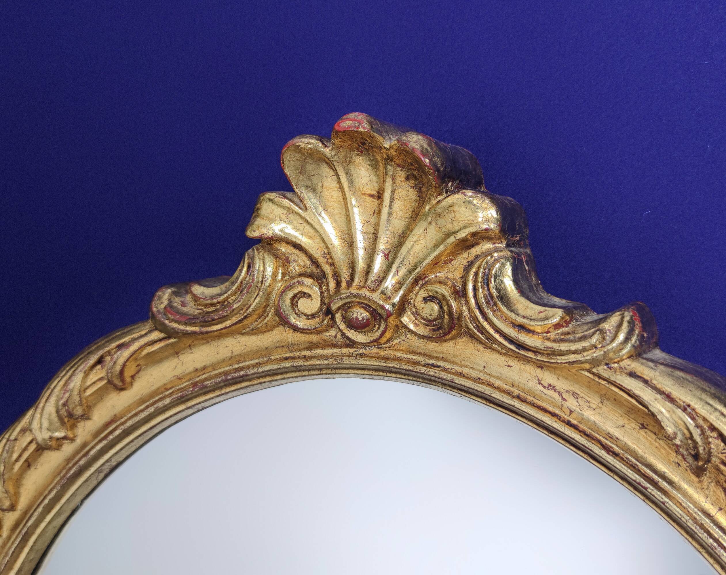 Vintage Italian 1970s Distressed Gilt Rococo Revival Oval Wall-Hanging Mirror