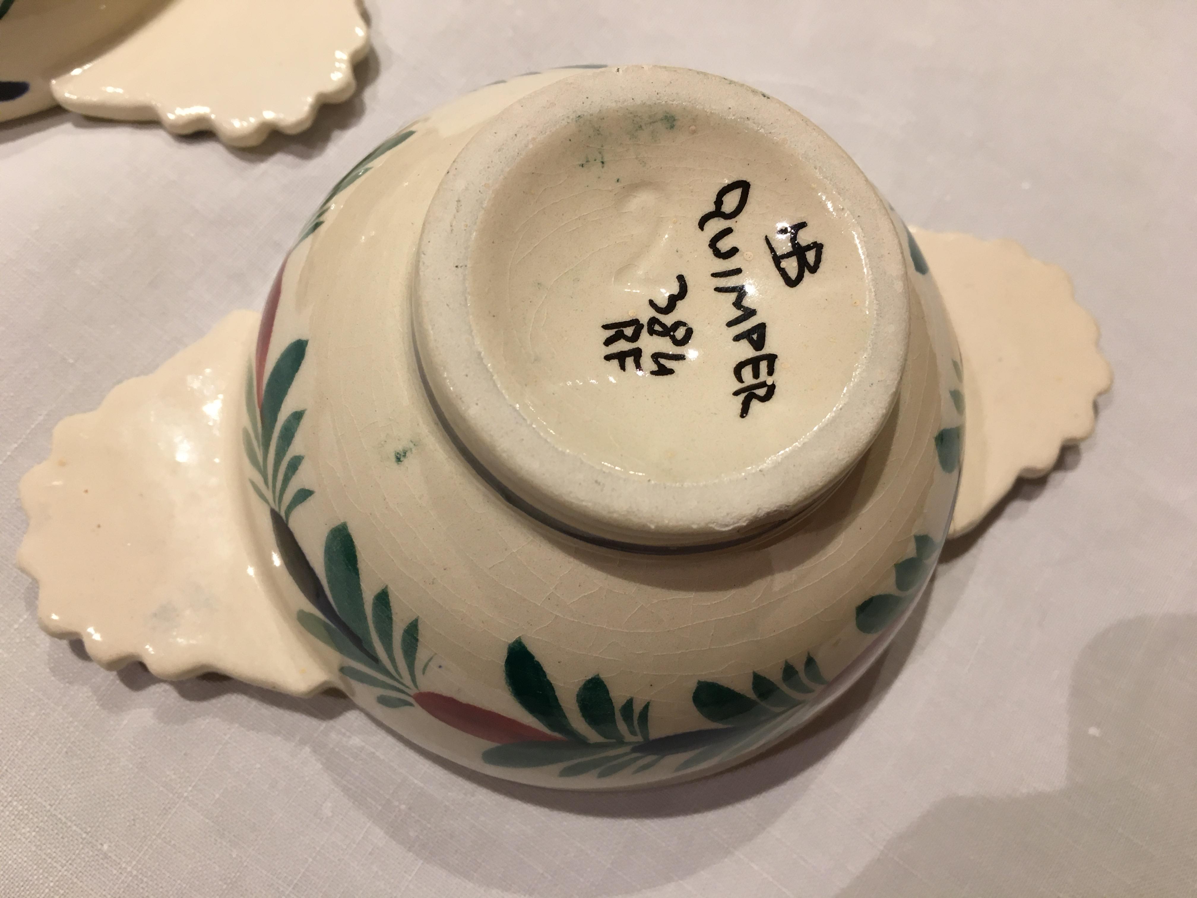 2 Ancient Ear Bowls (1950) - Hand-painted Quimper Ceramics