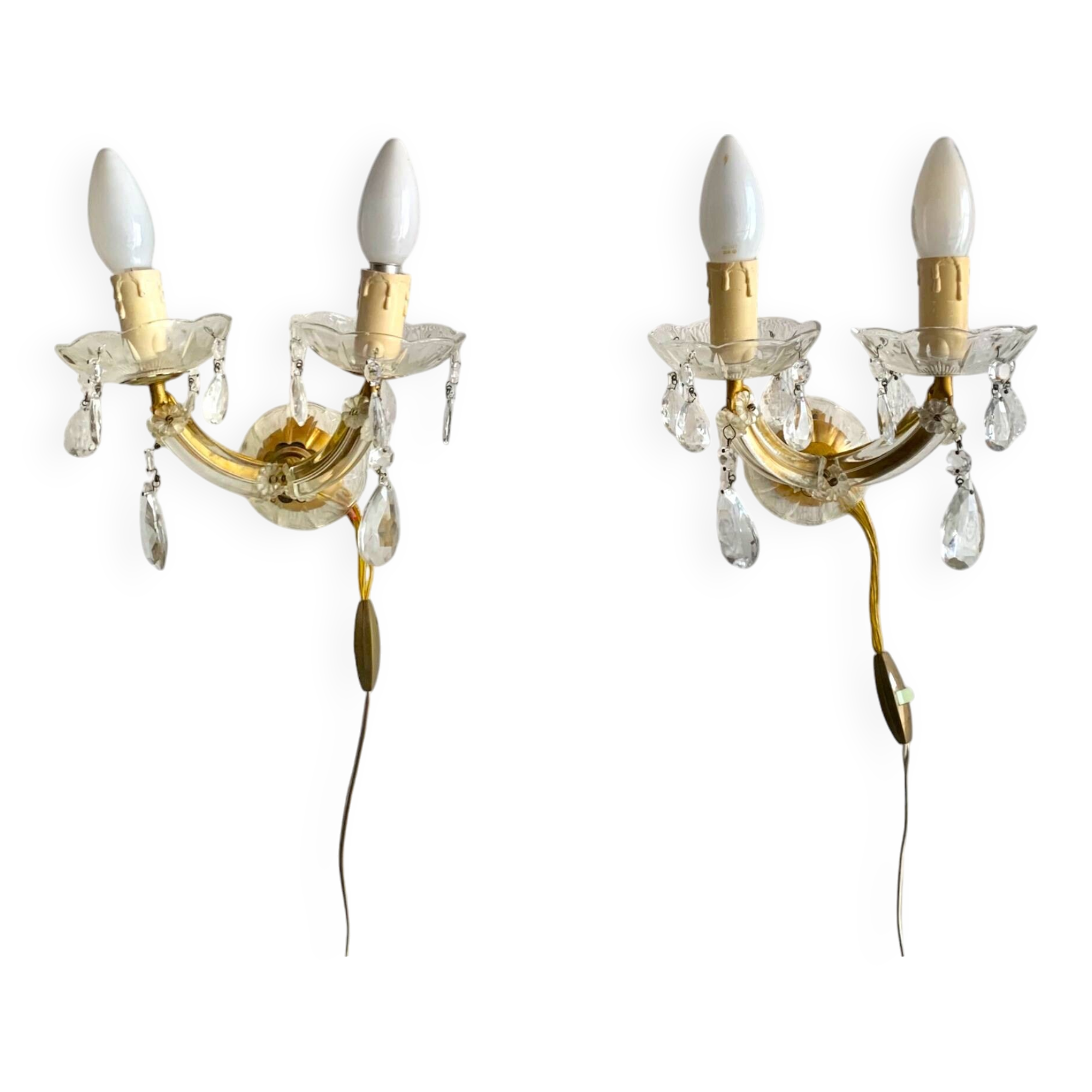 "Pair of vintage glass and brass wall sconces with tassels