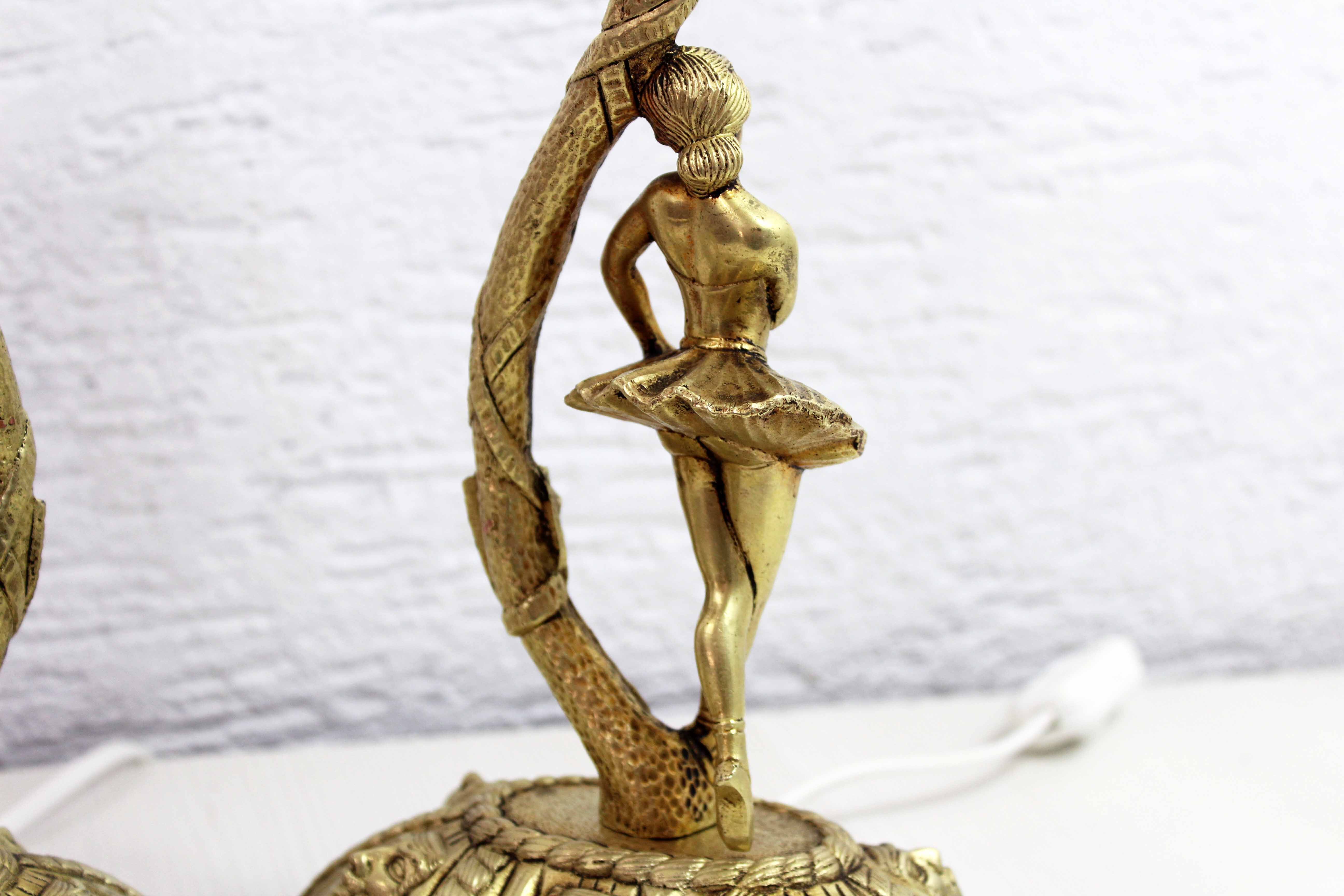 Pair of Commedia Dell Arte lamps in bronze and XXth glass