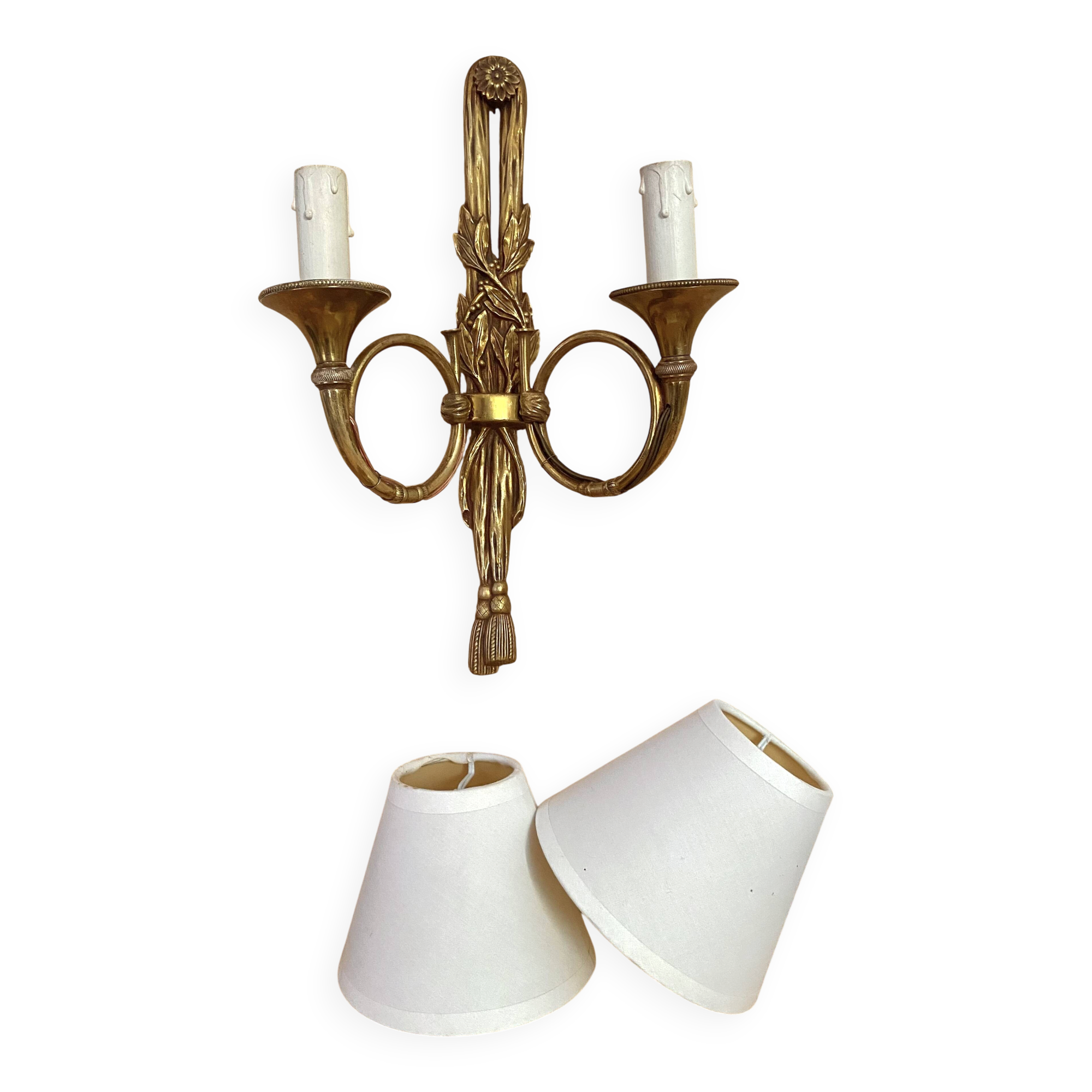 "50s hunting horn wall light, clip-on lampshades"