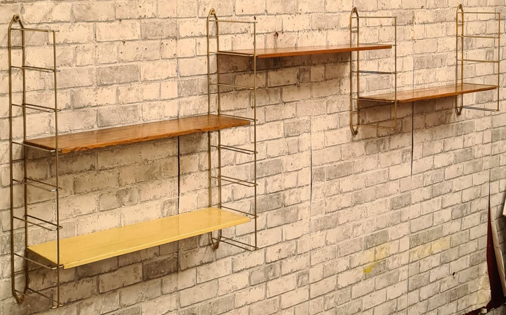 1960s shelf steel faux wood and gold chrome 4 uprights 184 cmx66x59x16 trace