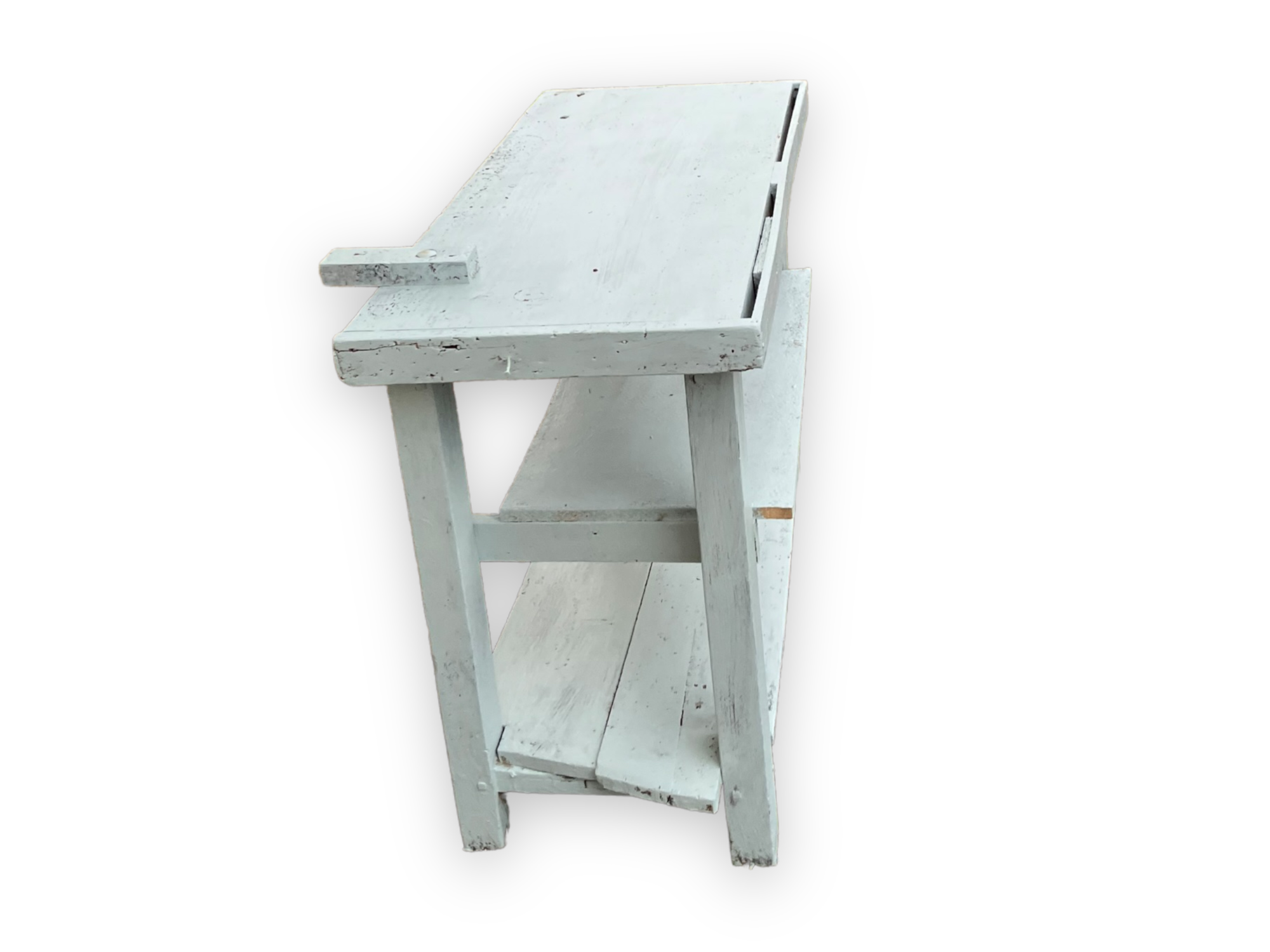 Light blue painted wooden workbench