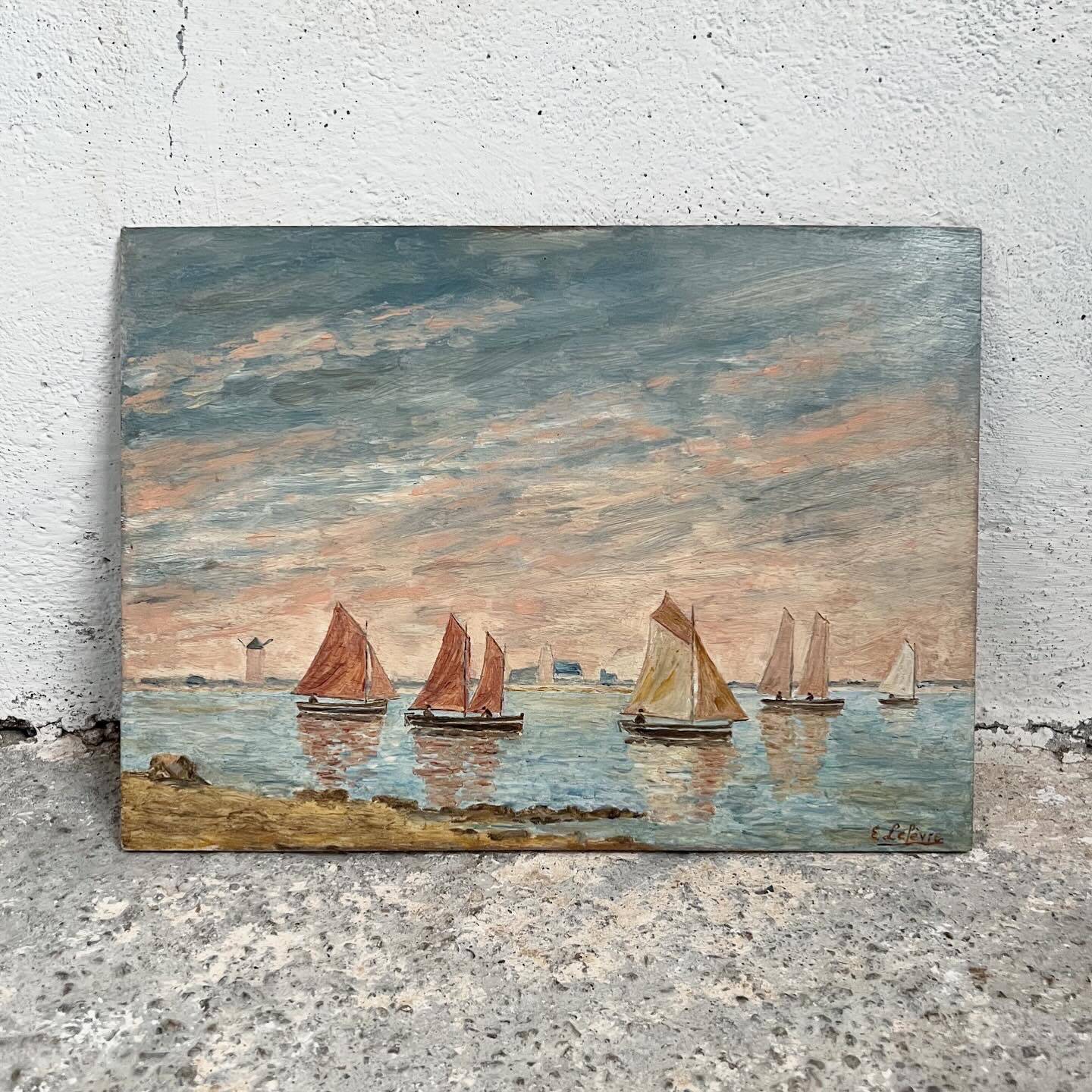 Old marine painting seaside mill Brittany