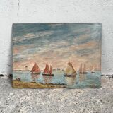 Ancienne peinture marine bord de mer moulin Bretagne