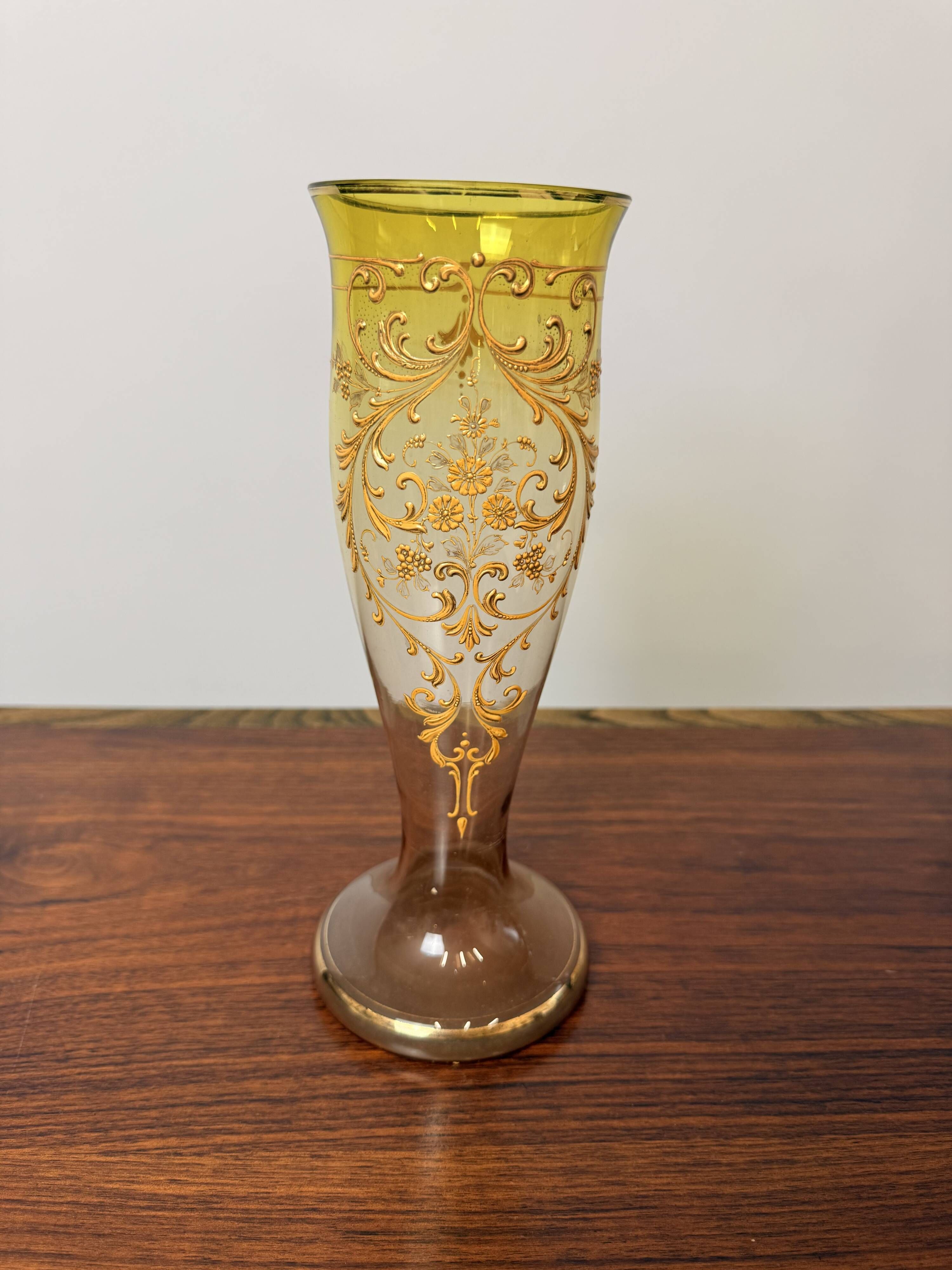 Antique legras vase in yellow glass with golden floral decoration – art nouveau
