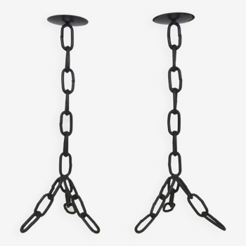 Large pair of vintage brutalist “Chaines” candlesticks in black wrought iron 1960s