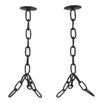 Large pair of vintage brutalist “Chaines” candlesticks in black wrought iron 1960s
