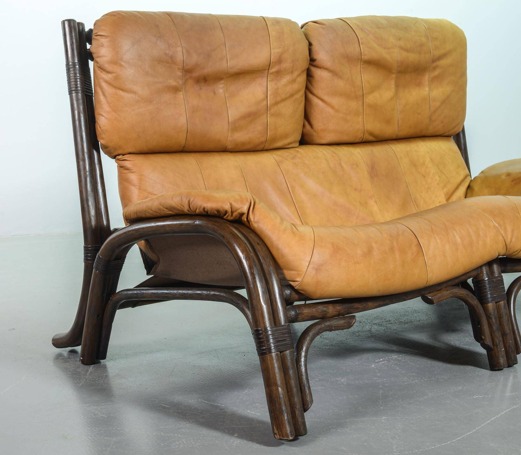 Brutalist Bentwood Love Seat Bamboo Sofa w. Caramel Leather Upholstery, 60s