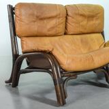 Brutalist Bentwood Love Seat Bamboo Sofa w. Caramel Leather Upholstery, 60s