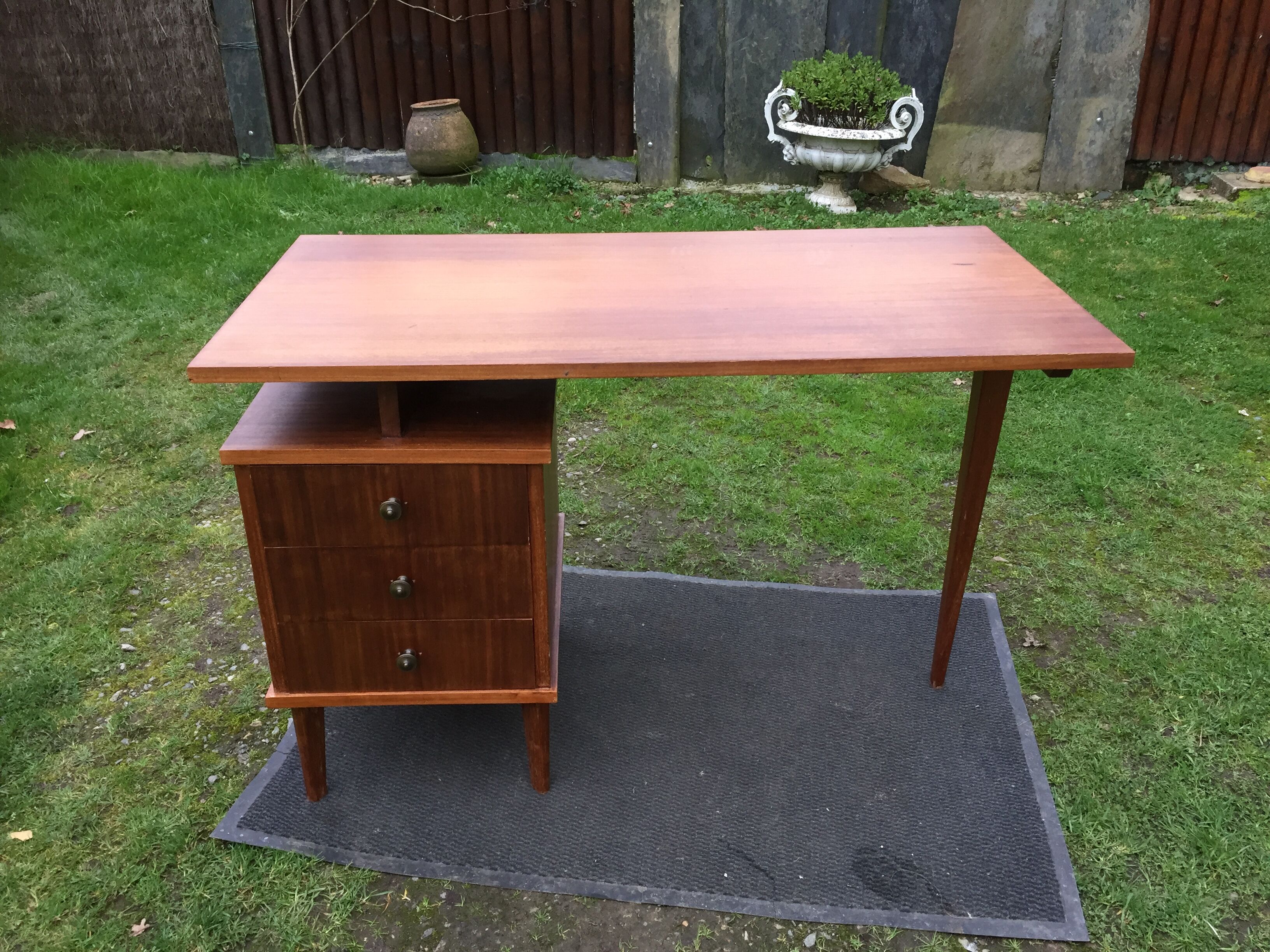 Vintage teak desk with 5 feet compass and 3 drawers