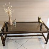 Table rotin vintage et verre rectangulaire