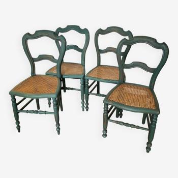 Set of 4 old chairs in green patinated see and canework