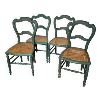 Set of 4 old chairs in green patinated see and canework