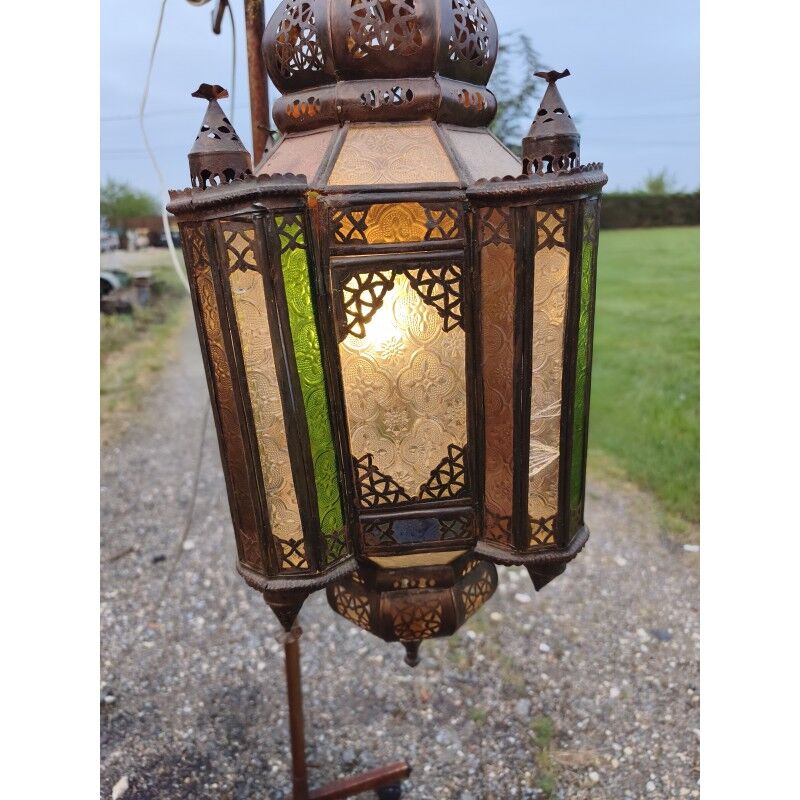 North African lantern suspension in brass and coloured glass.