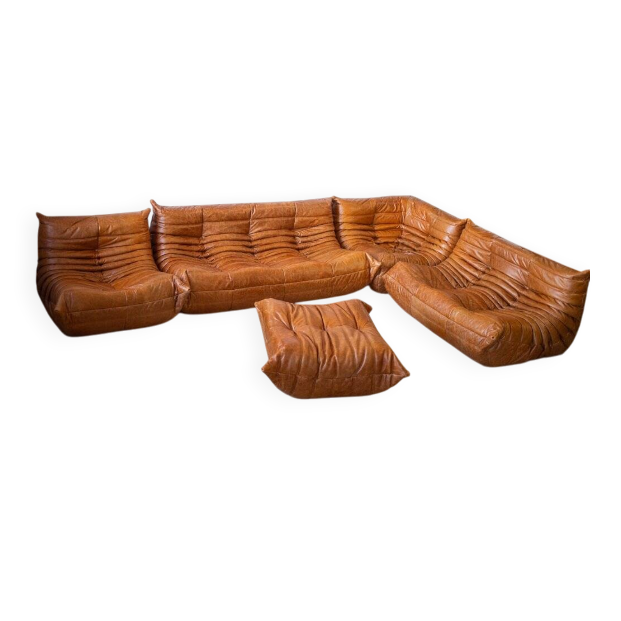 Pine leather Togo living room set attributed to Michel Ducaroy for Ligne Roset, 1979, set of 5