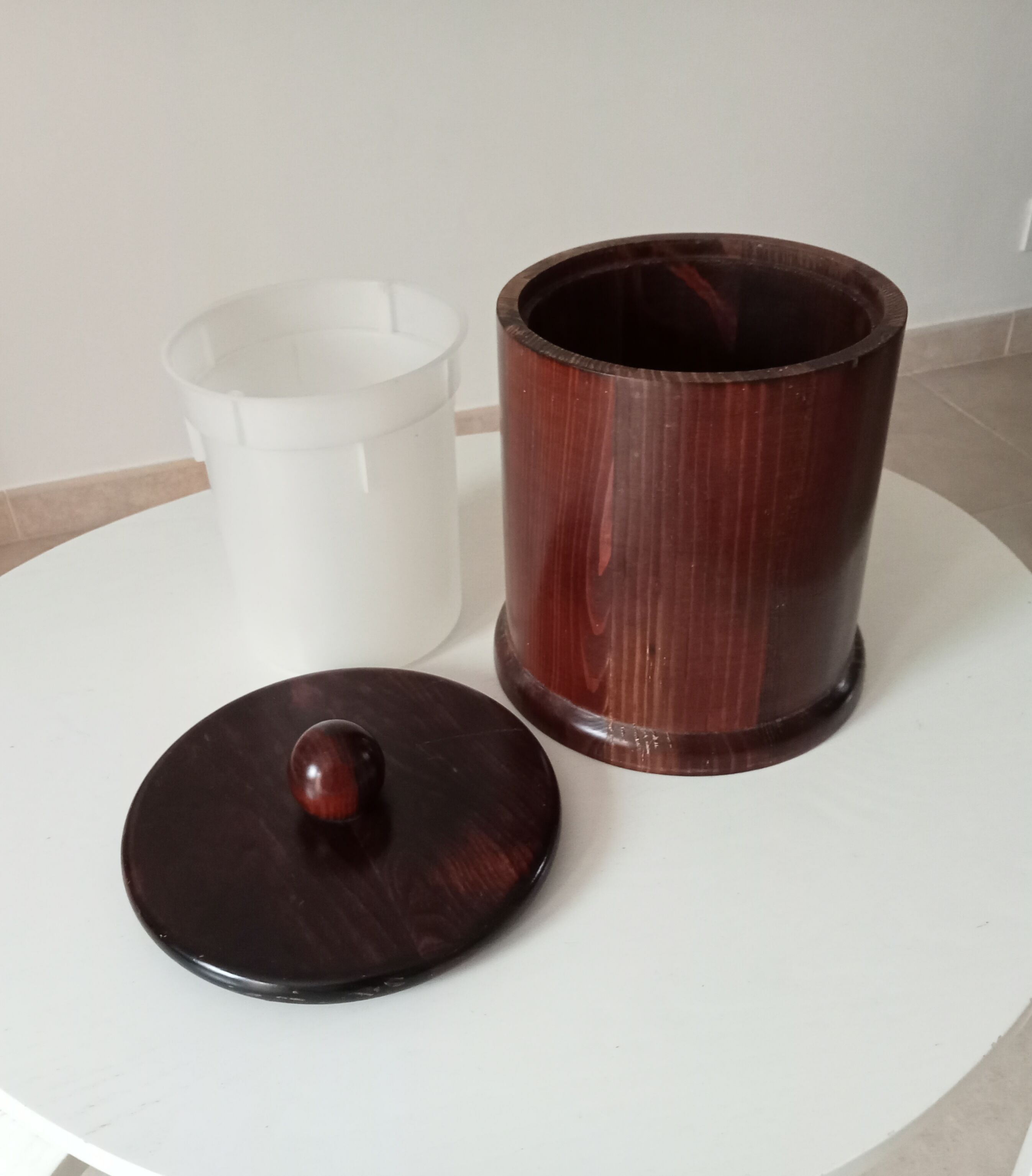 Vintage turned wooden table bin