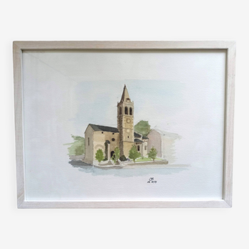 Watercolor painting village church signed CB + frame