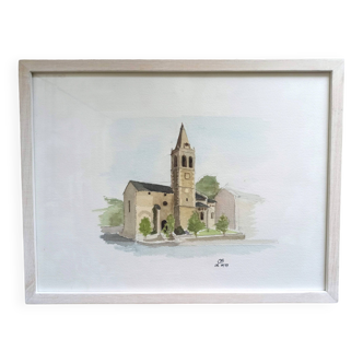 Watercolor painting village church signed CB + frame