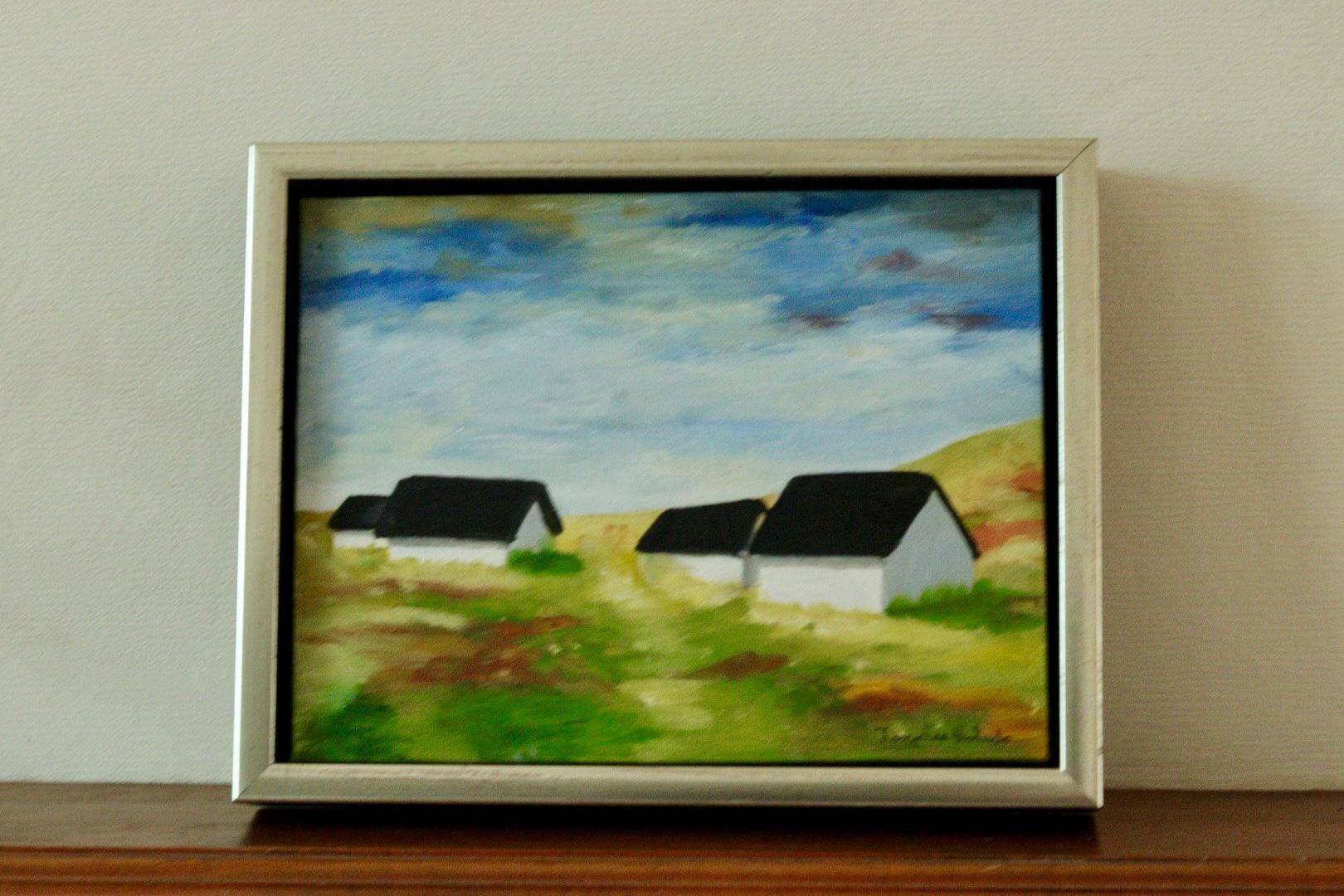 Original Swedish oil on canvas from the mid-century "Houses" - Vintage and framed