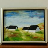Original Swedish oil on canvas from the mid-century "Houses" - Vintage and framed