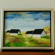 Original Swedish oil on canvas from the mid-century "Houses" - Vintage and framed