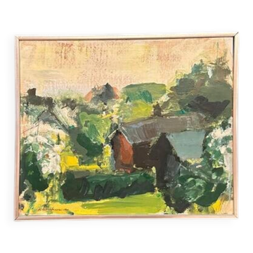 Huile sur toile originale suédoise – "Paysage" par Kenneth Abrahamsson – Signée – Vintage et encadrée – 48 × 40 cm (18,9" × 15,7")