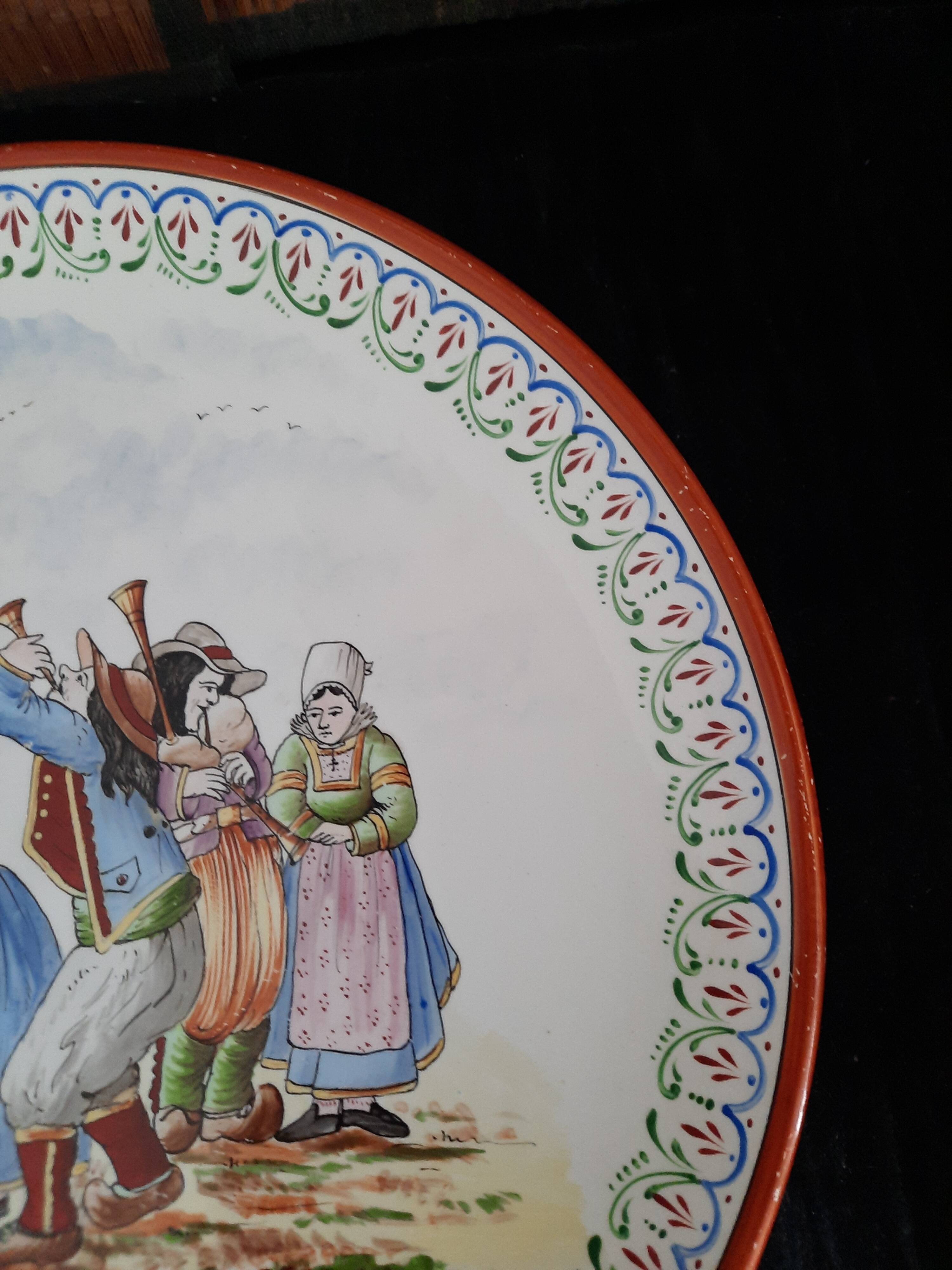 Large Round Antique Plate 33 cm Ceramic Pierrefonds - Regional Dance Decoration