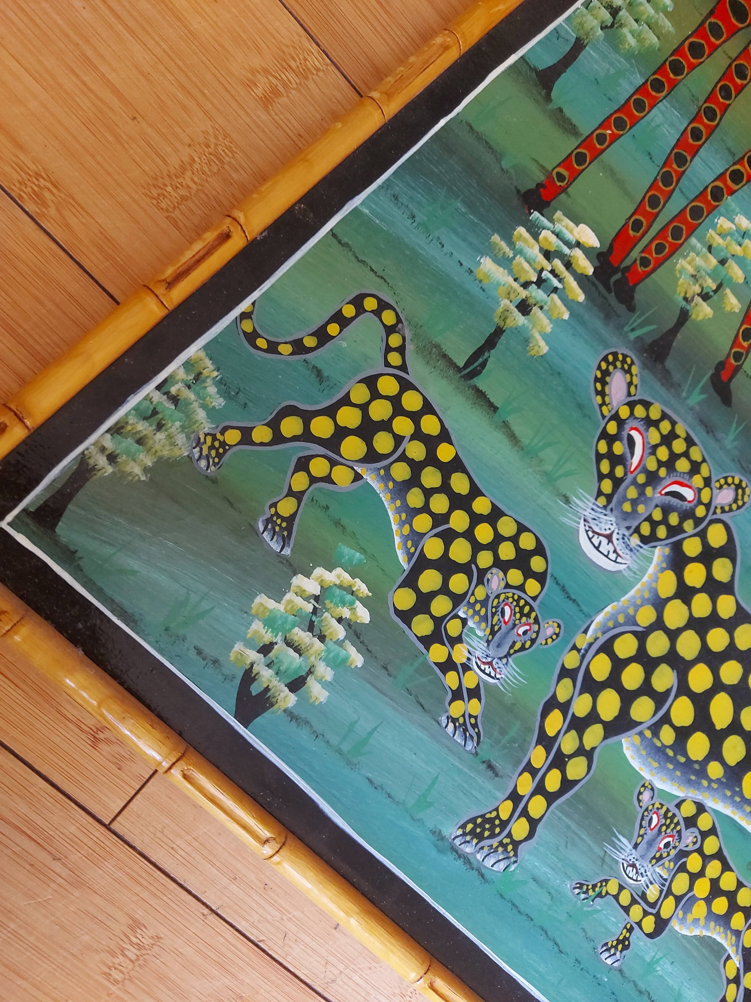 Grande huile sur toile art africain TingaTinga , Zanzibar , Tanzanie , Cheti