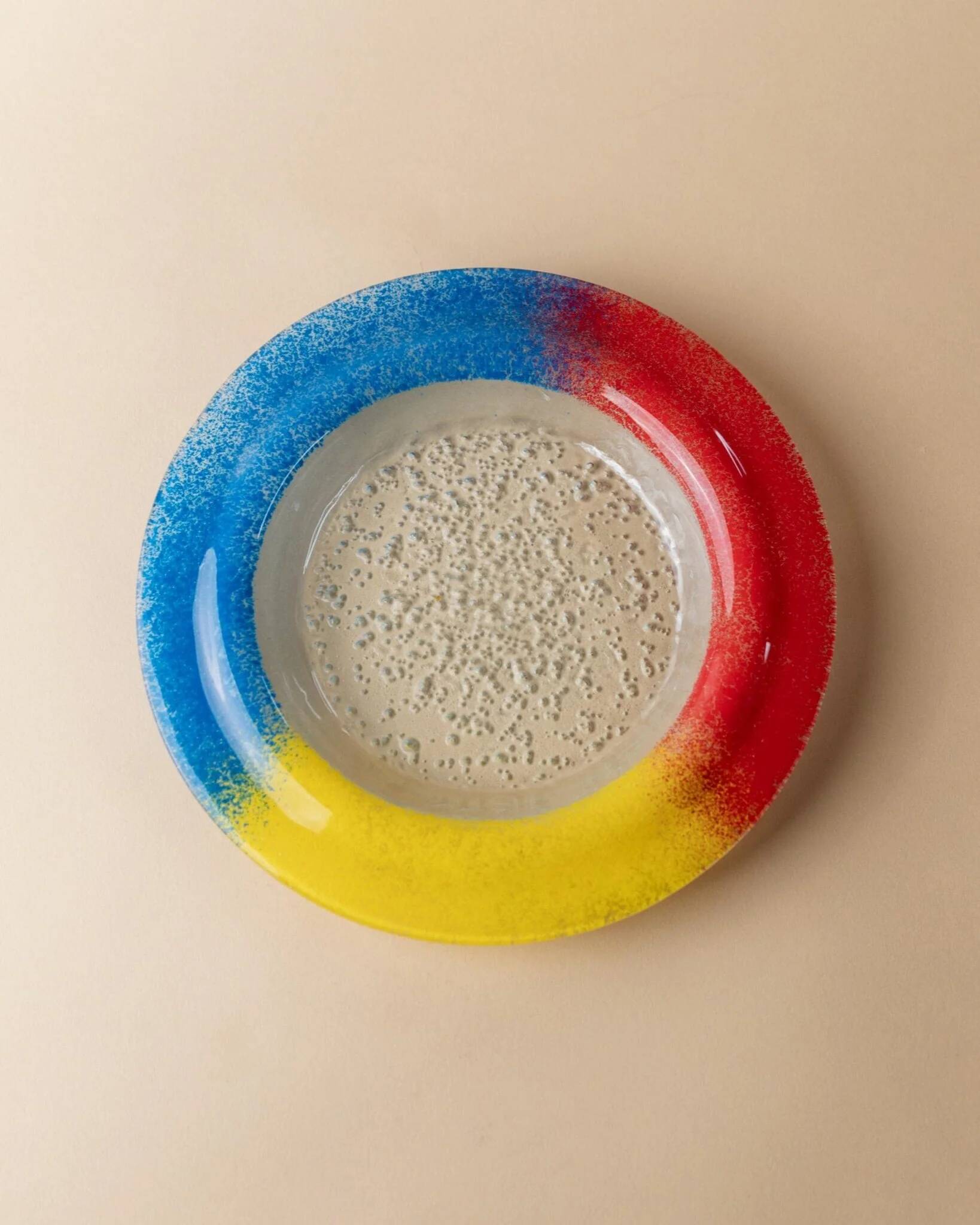 Vintage Murano glass bowl - blue, red, and yellow glass with bubbles - Italy 1980s - Pop Art design